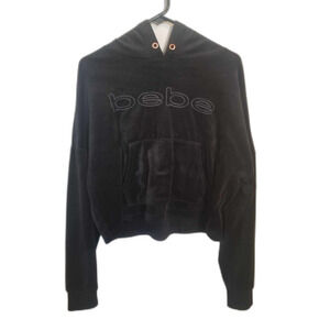 Bebe Sport Plush Velour V-Neck Hoodie Large Big Logo Black Sweater
